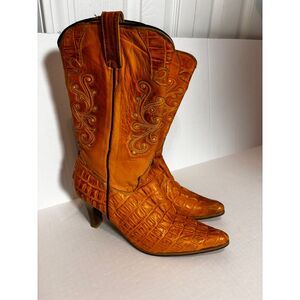 El Paisa Women's Vintage Western‎ Cowboy Boots Tan Leather Embroidered Crocodile